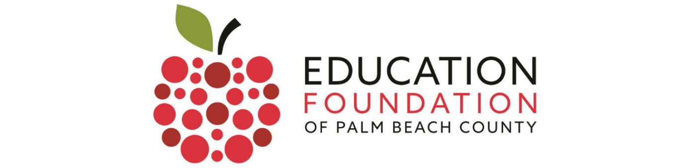 A red apple logo with education foundation of Palm Beach County written in black and red lettering. 