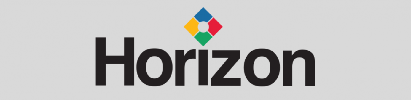 White Banner with four small squares turned into a diamond colors ( blue, green,red, yellow) and Black lettering spelling Horizon 