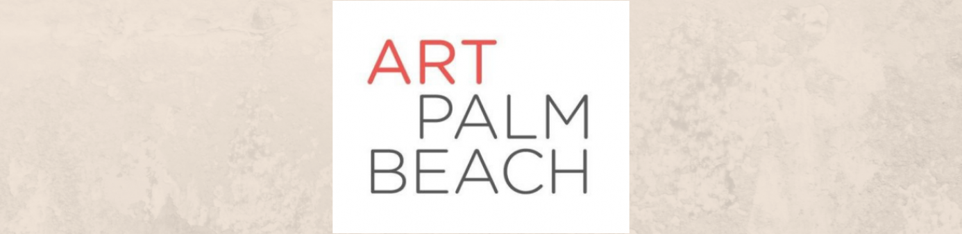 White Art Palm Beach Logo with Black and Red lettering and a tan marble background