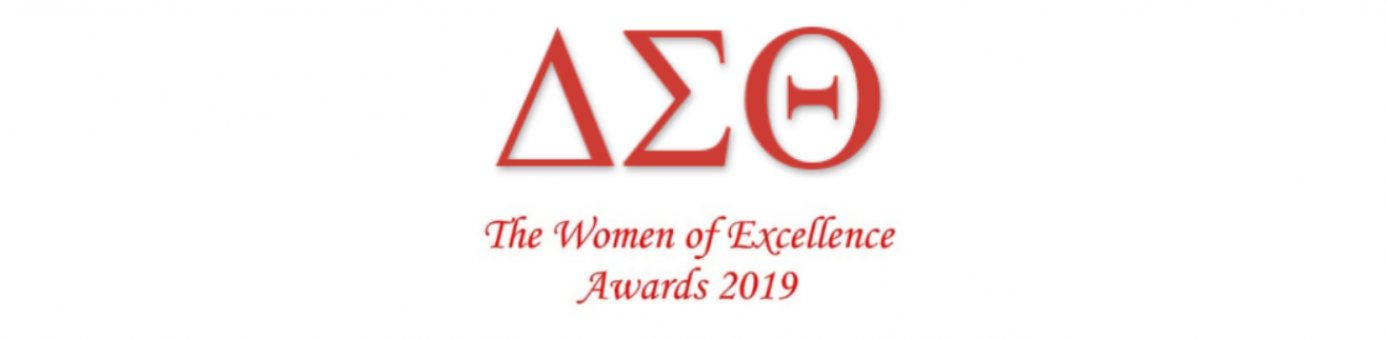 Symbols for Delta Sigma Theta Sorority and Women of Excellence Awards 2019 written in red