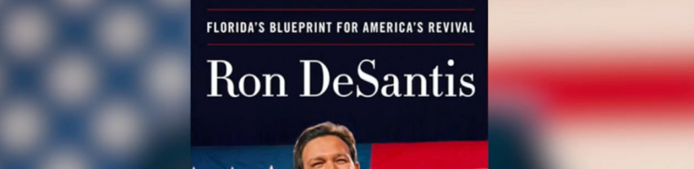 Desantis book with US Flag in background
