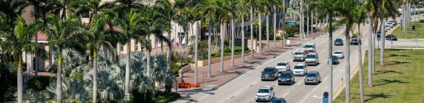 Okeechobee Boulevard with the rooftop of the Palm Beach County Convention Center, left, in downtown West Palm Beach