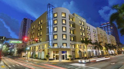 Exterior View of the Hyatt Place West Palm Beach Downtown from the corner of the hotel