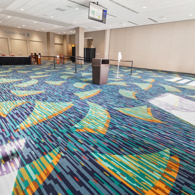 Exhibit Hall B Lobby carpeted area set up with ticket taker in front