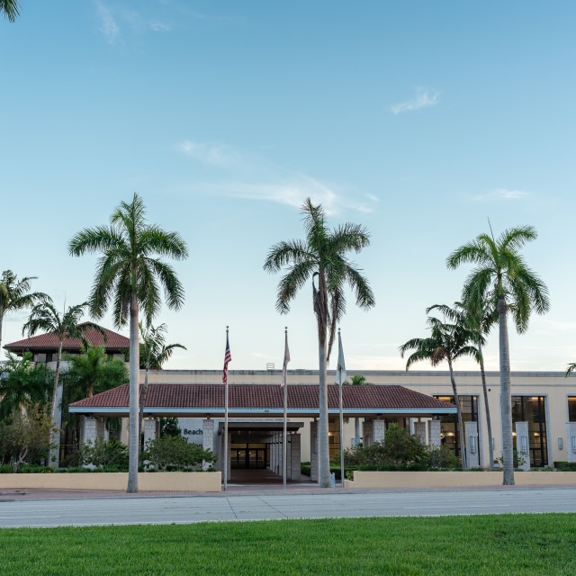 Photo of the front of the building at ground level with three palm trees
